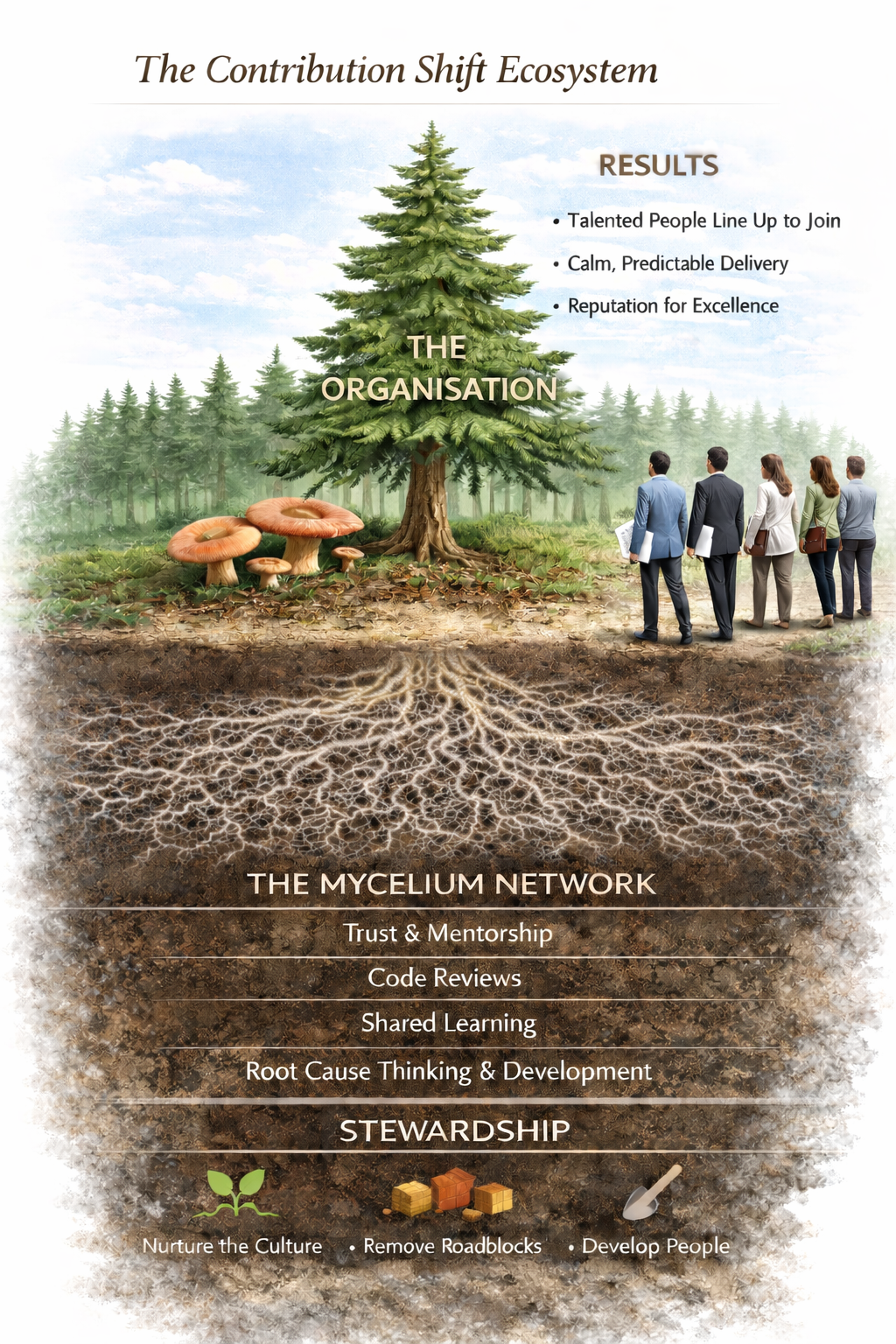 The Contribution Shift ecosystem model showing trust, stewardship, leadership development, and organisational maturity